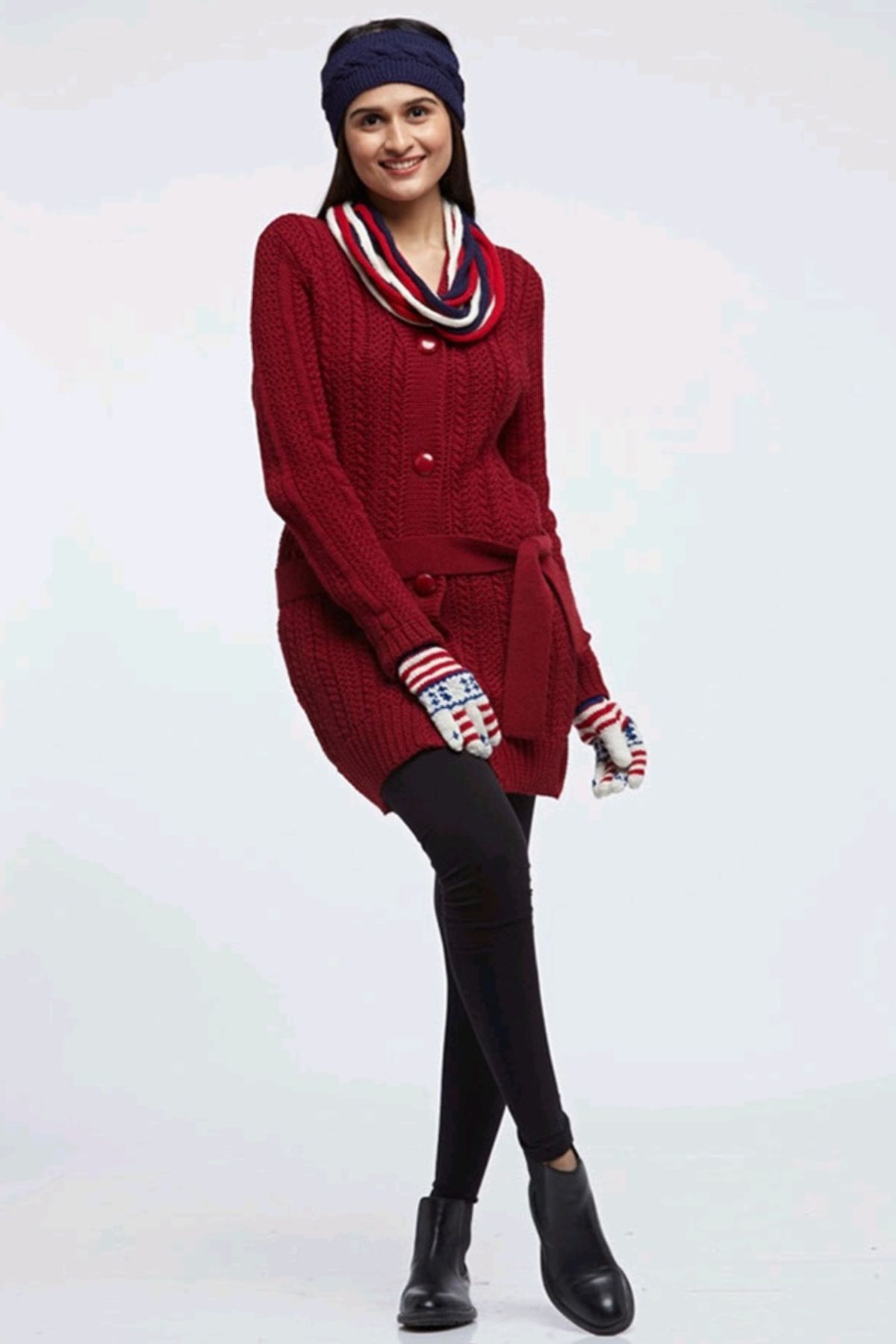 Maroon Merino Wool Long Cardigan With Belt| Women